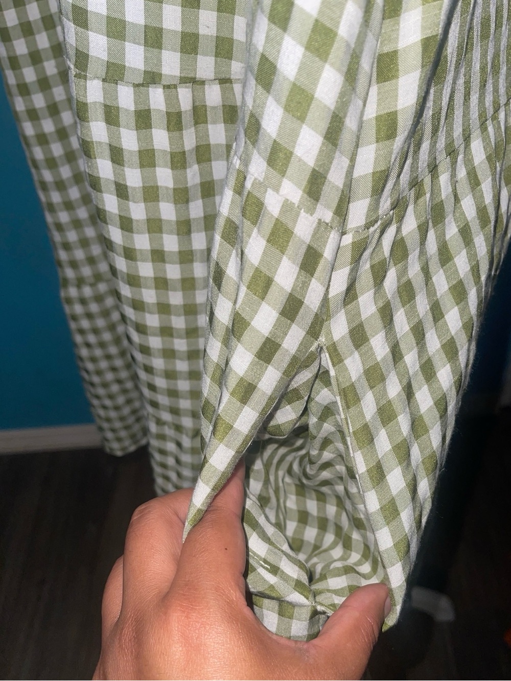 Olive Green and White Gingham Tiered Dress - Picture 4 of 6